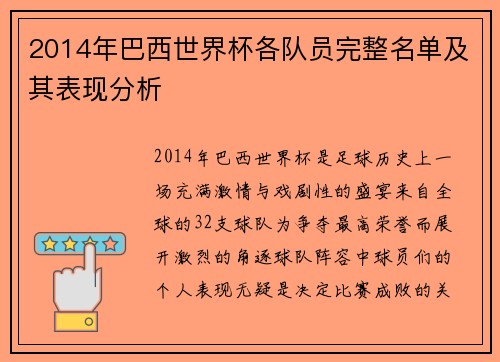 2014年巴西世界杯各队员完整名单及其表现分析